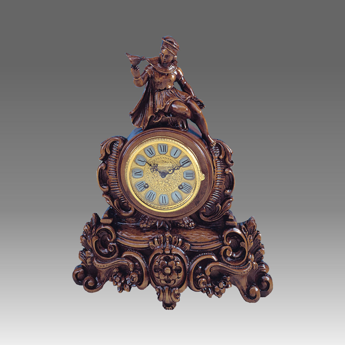 Mante Clock, Table Clock, Cimn Clock, Art.332/1 walnut - Bim Bam melody on Bells, gilt gold round dial
